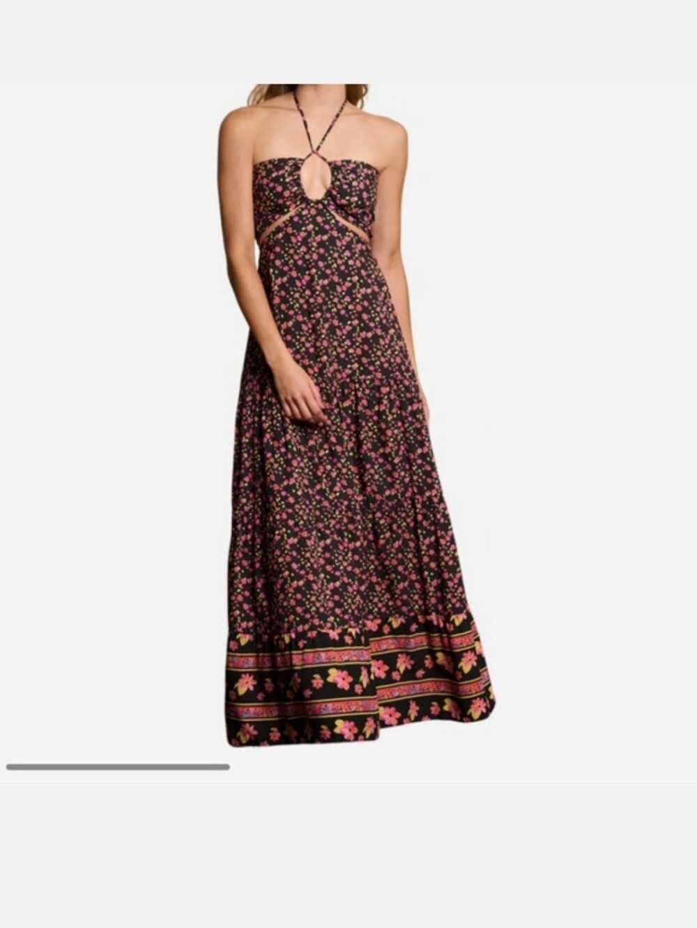 Maaji Black Strapless Floral Maxi Dress with Pink and Gold Border